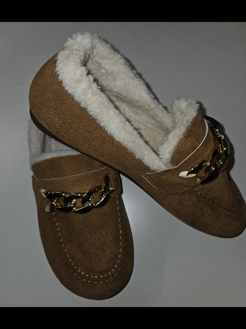 Women’s EUR Size 40 Brown Faux Suede Loafers w/ Gold Chain Detail
